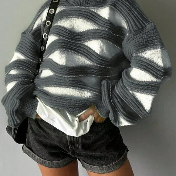 Ash Casual Women's Round Neck Wave Stripe Color Long-Sleeved Knit Sweater - Picture 2 of 4